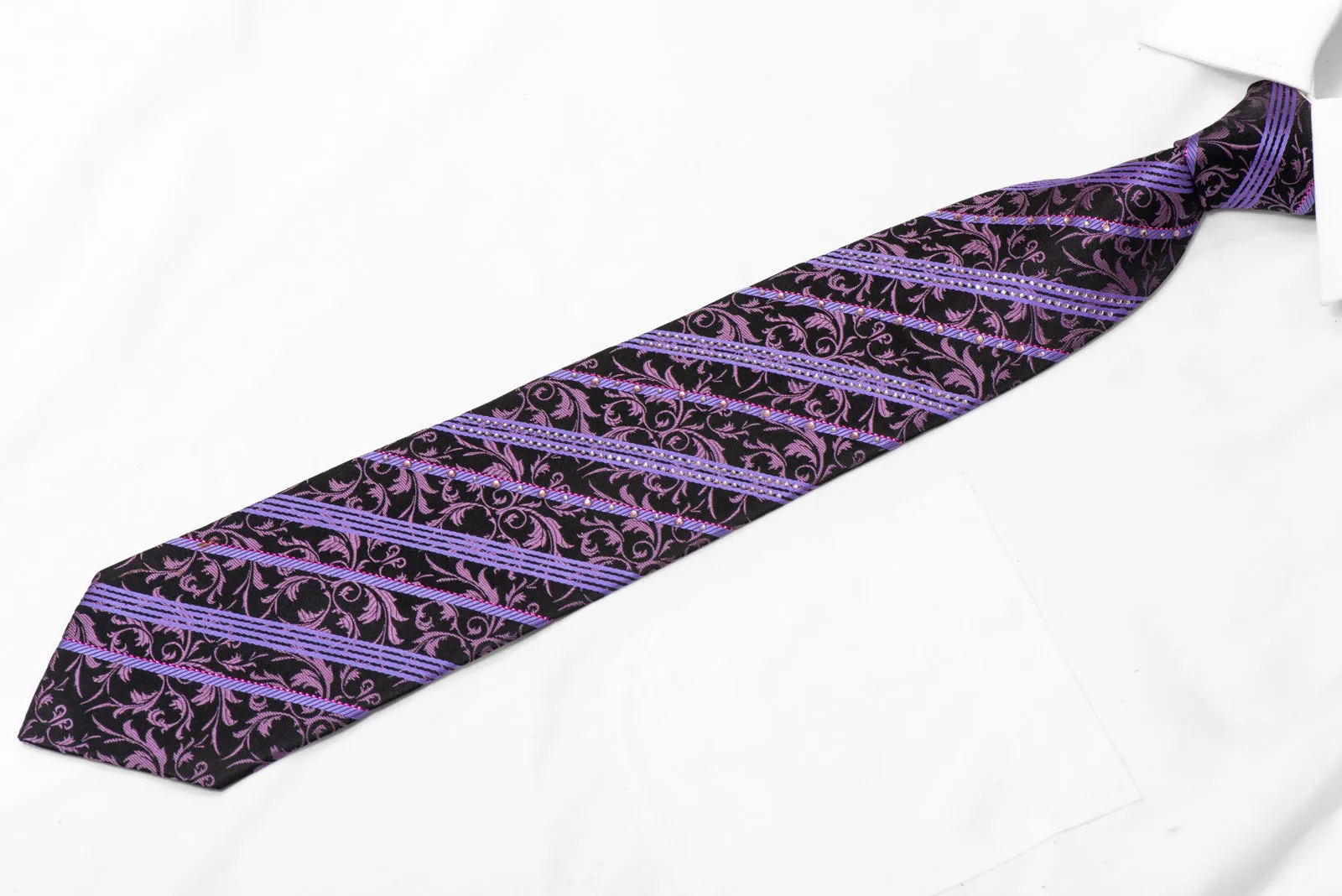 Purple Striped & Cartouche On Black Rhinestone Necktie With Sparkles