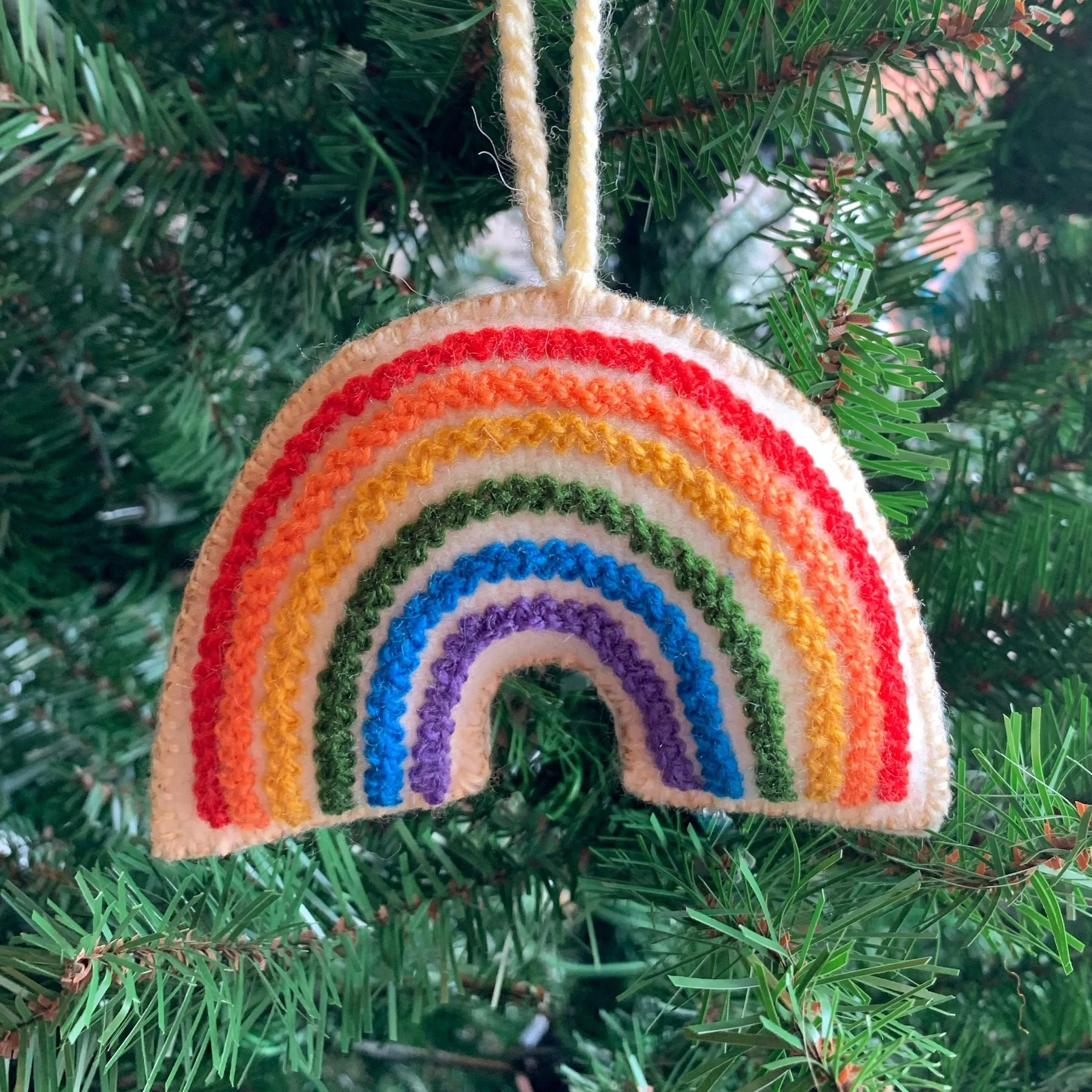 Rainbow Ornament, Bright Embroidered Wool