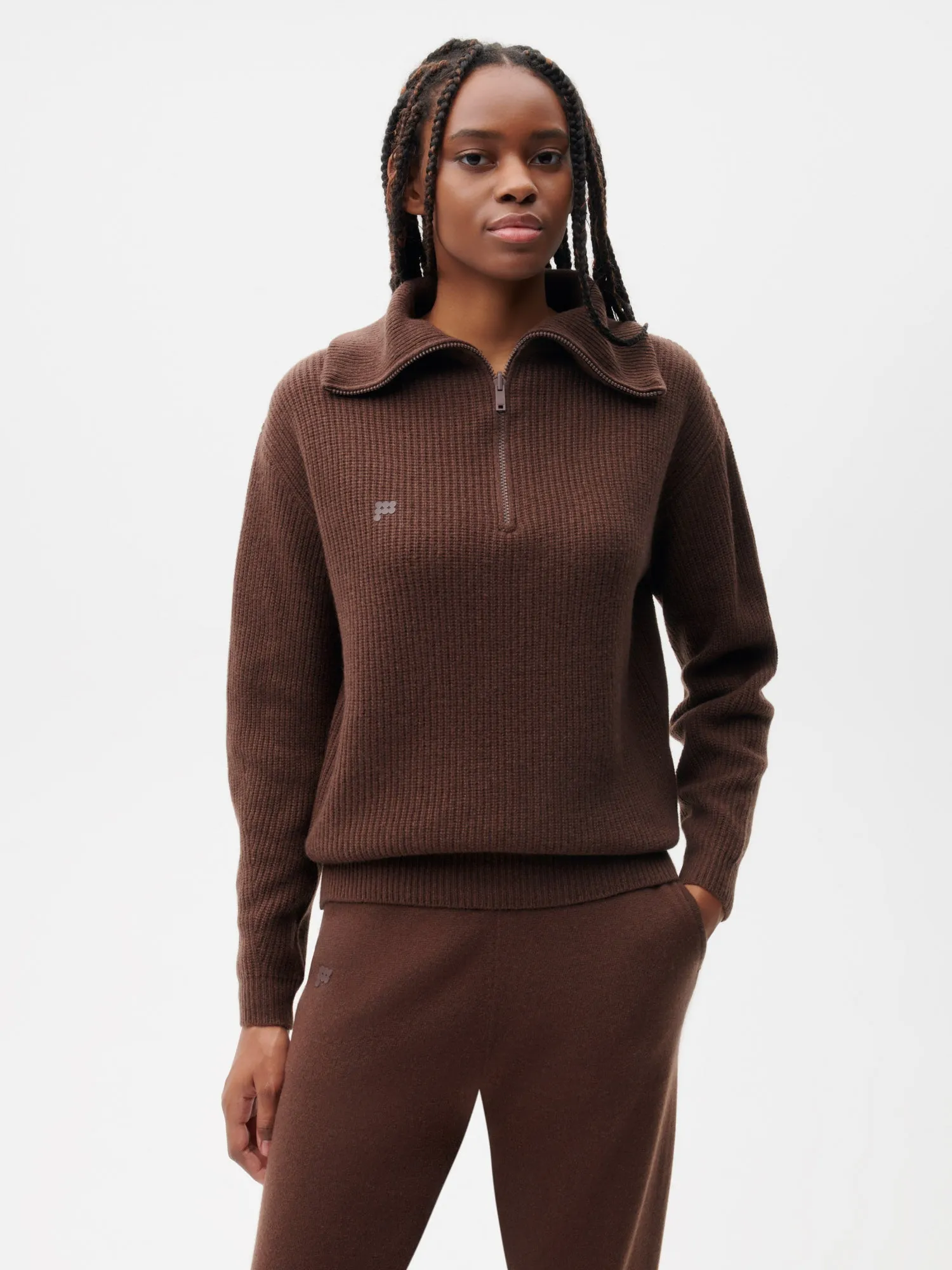 Recycled Cashmere Half Zip Sweater—chestnut brown