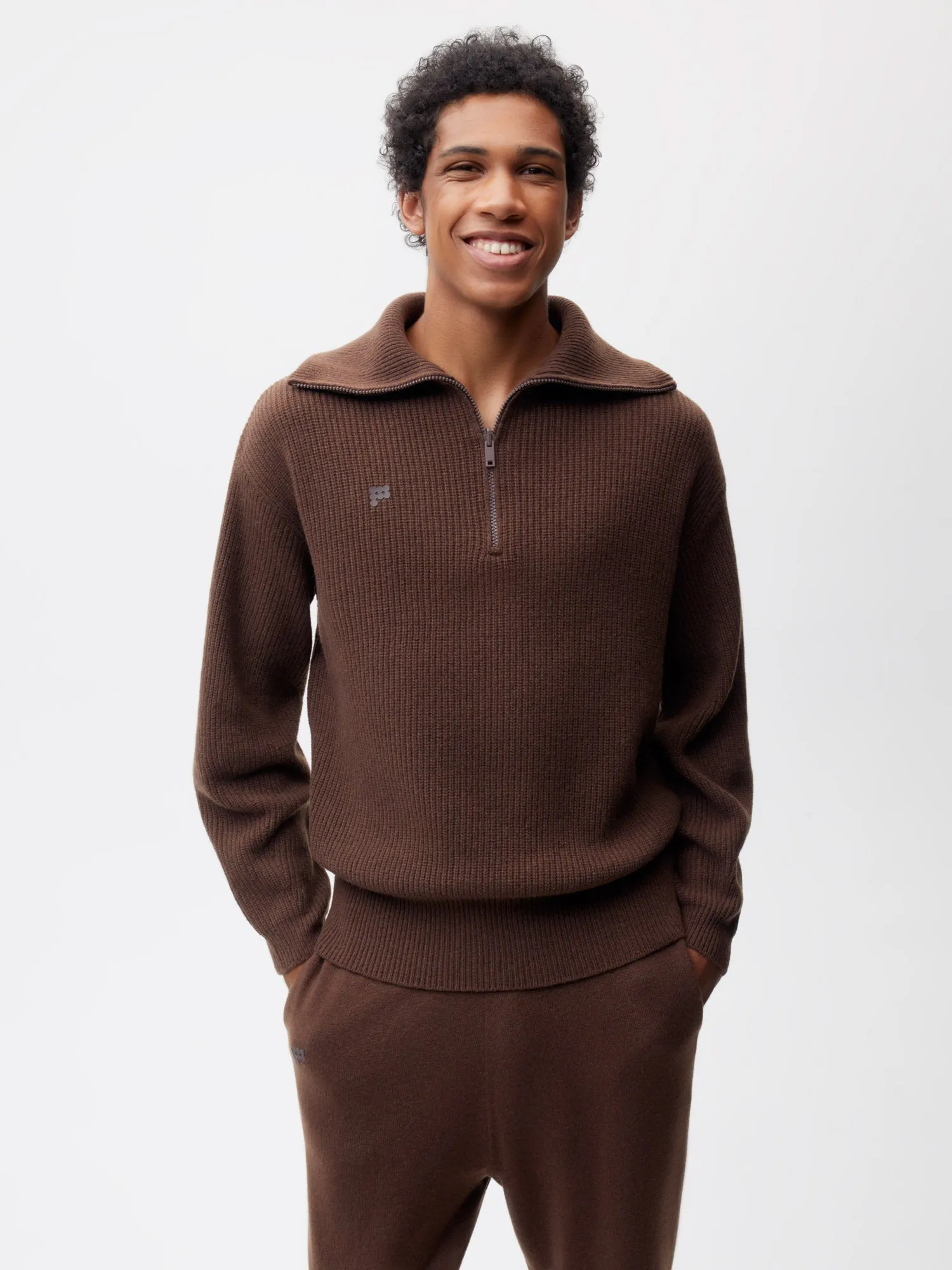 Recycled Cashmere Half Zip Sweater—chestnut brown
