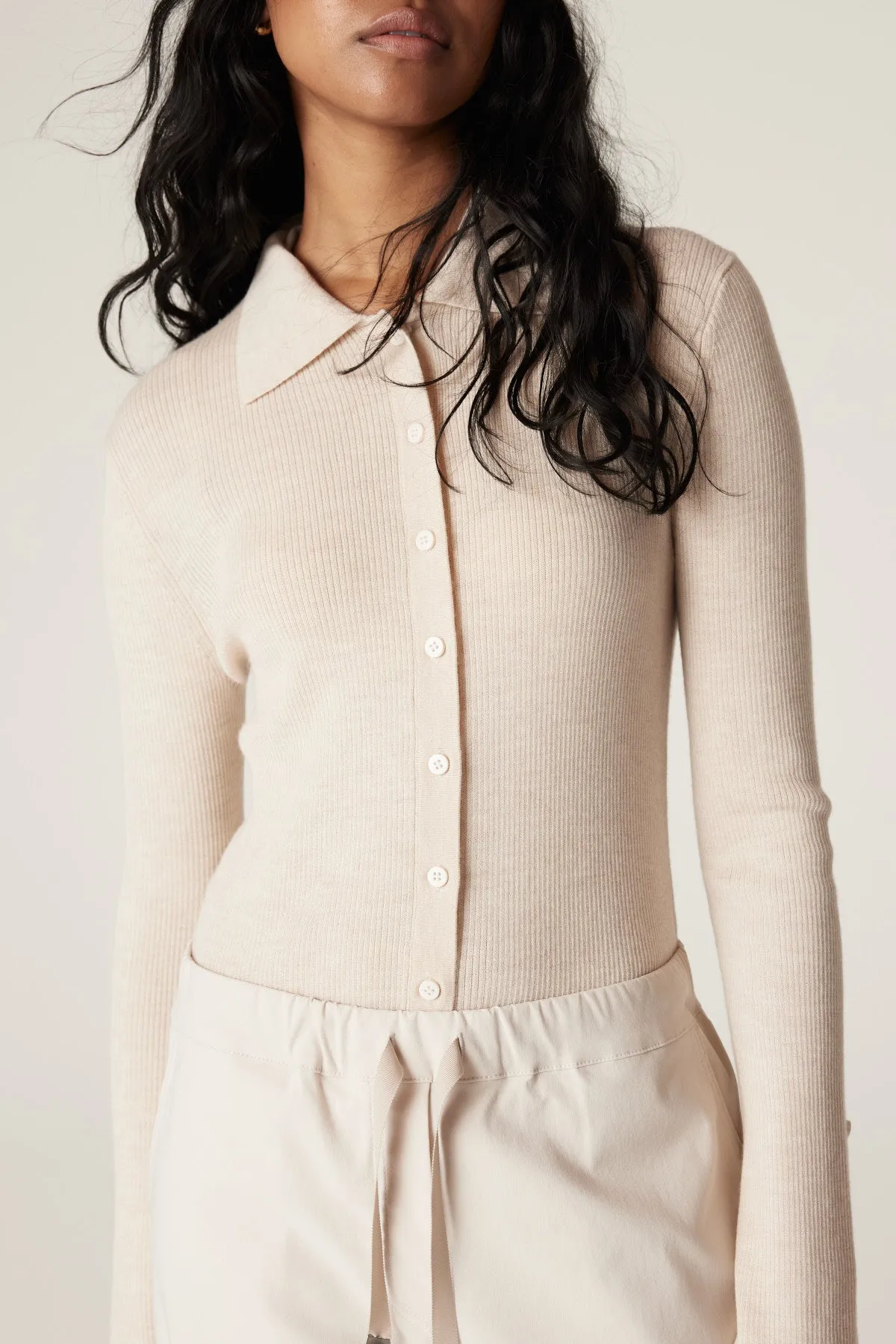 Superfine Rib Polo Cardigan - Wheat