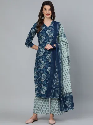Women Indigo Blue Printed Straight  Kurta With Plazzo & Dupatta