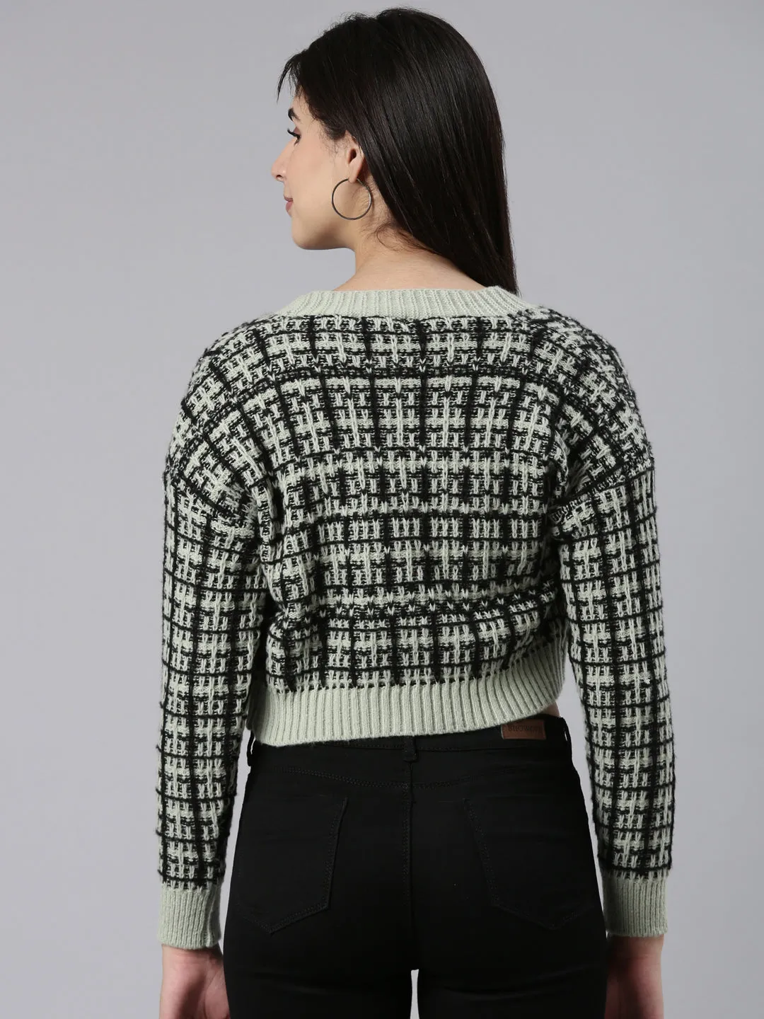 Women Sea Green Checked Front-Open Crop Sweater