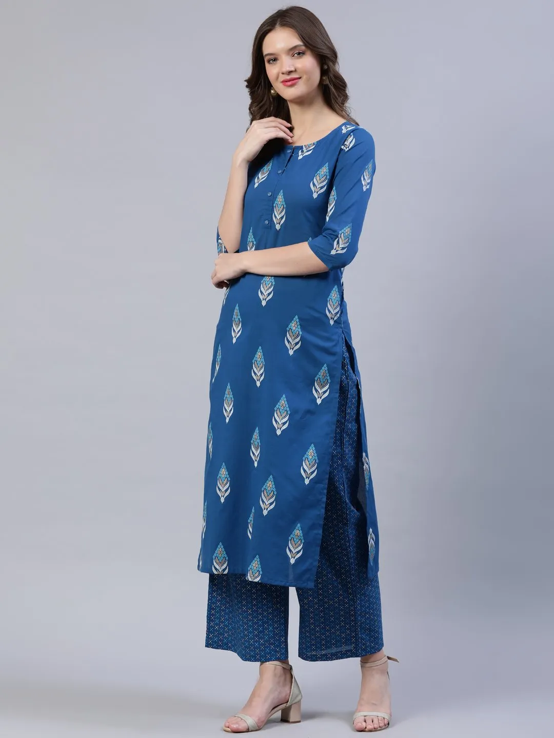 Women Teal Blue Printed Straight Kurta With Palazo