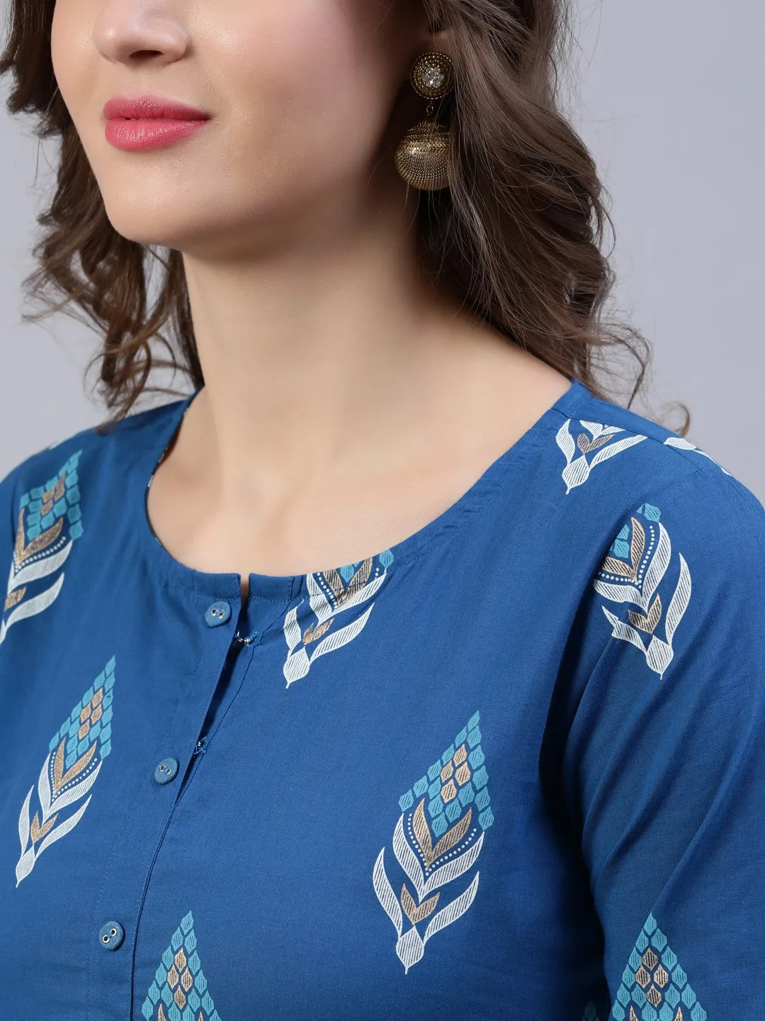 Women Teal Blue Printed Straight Kurta With Palazo