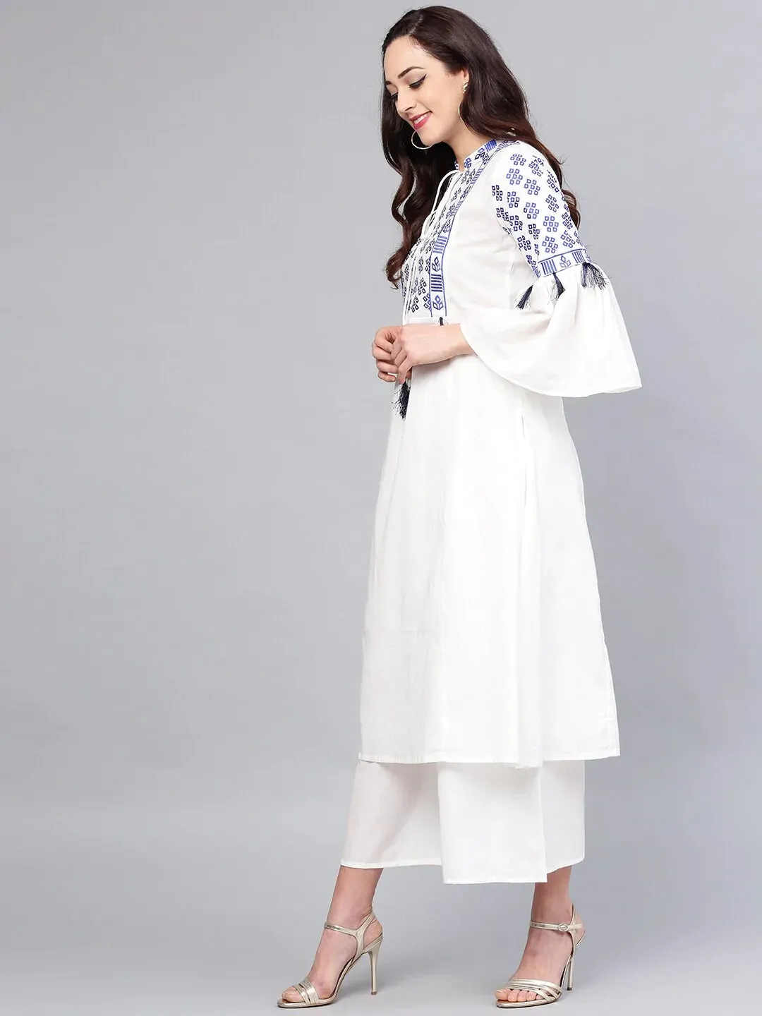 Women'S White Yoke Design Kurta With Palazzos